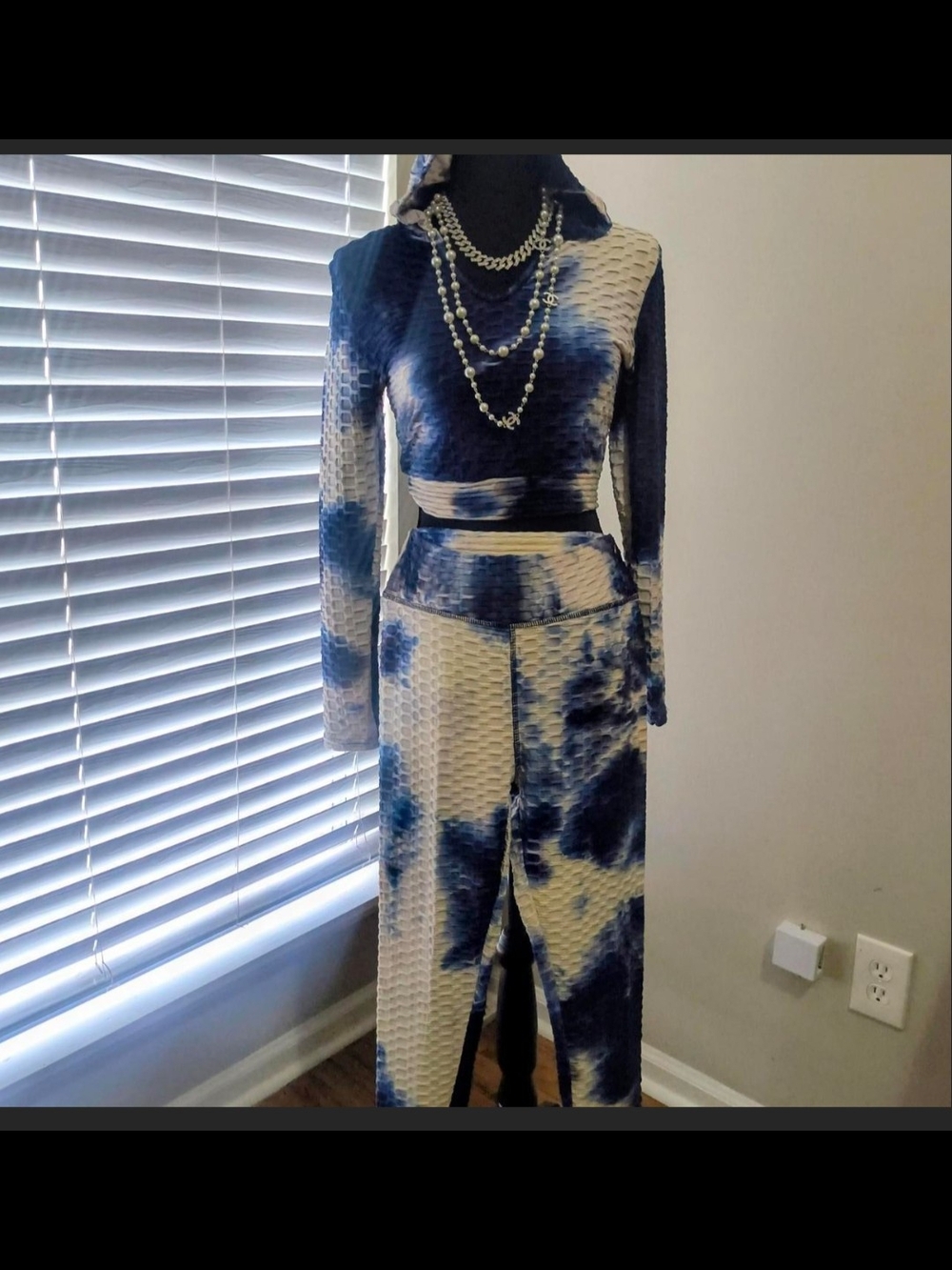 Blue & White Tie-Dye Maxi Skirt Set with Long Sleeve Crop Top